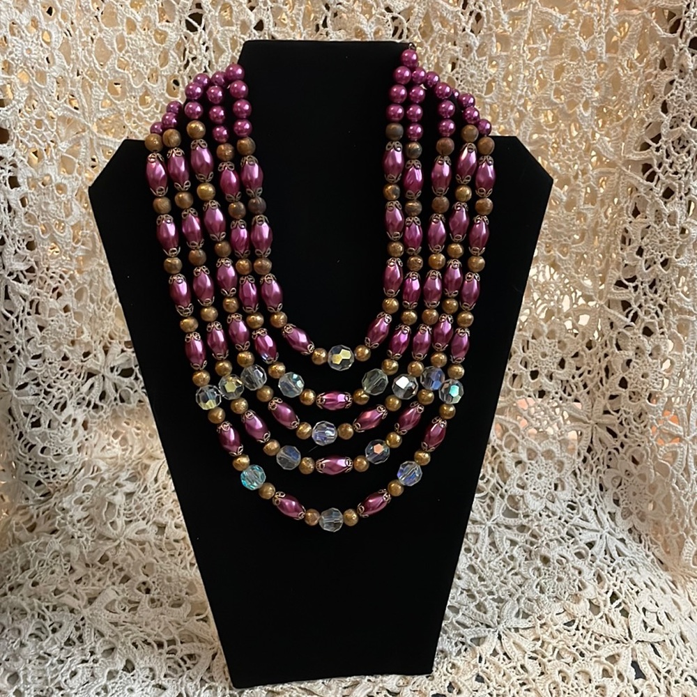 Vintage five tiered pink and gold necklace